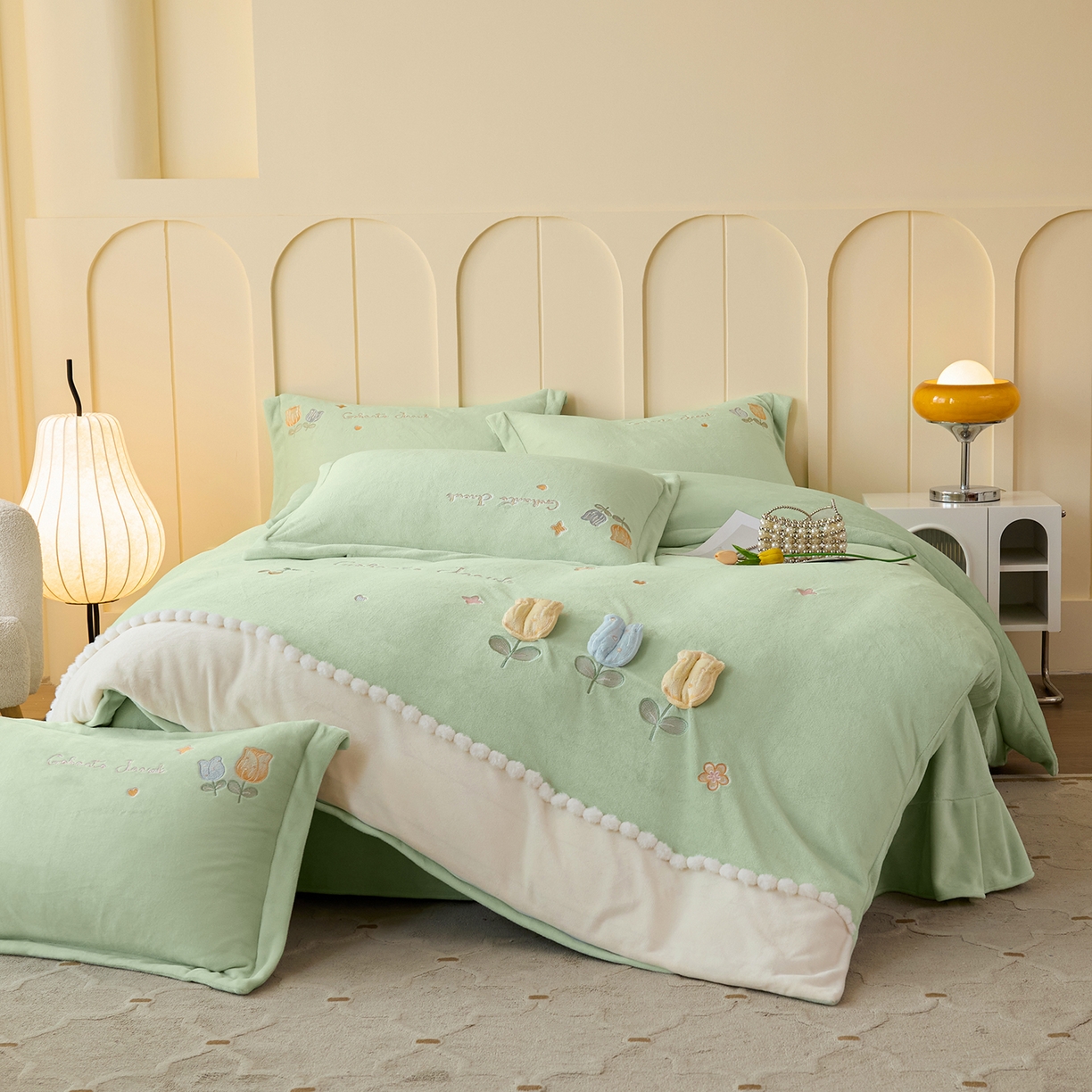 91家纺网 家纺一手货源 找家纺 卡初家居（原微来） 2025新款秋冬亲肤牛奶绒绣花四件套-多喜系列 多喜-果绿