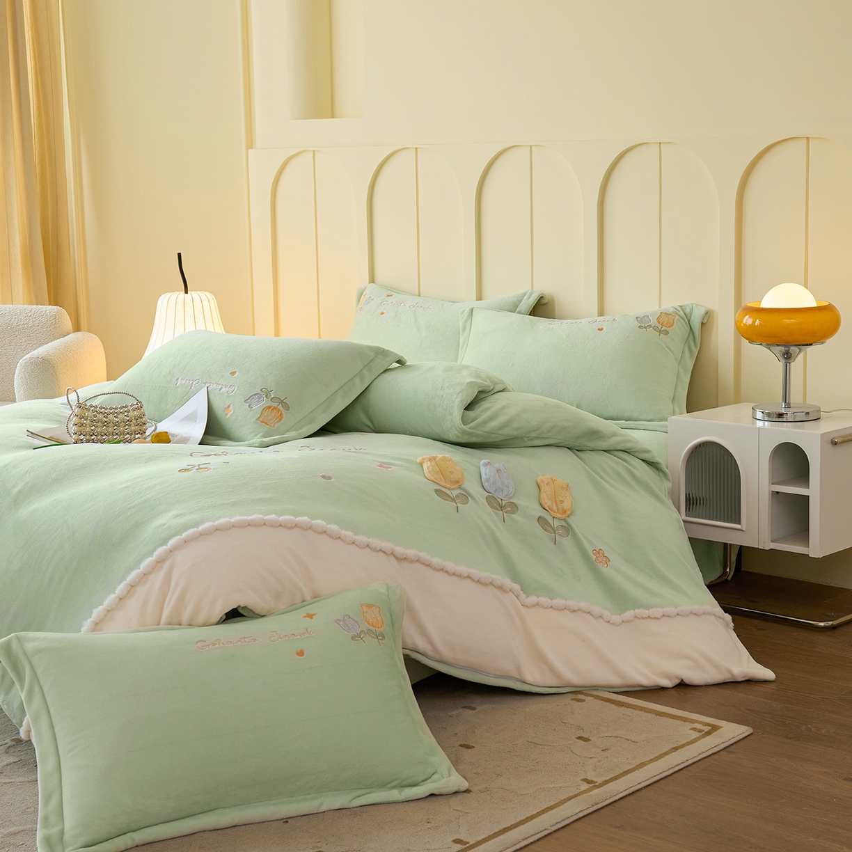 91家纺网 家纺一手货源 找家纺 卡初家居（原微来） 2025新款秋冬亲肤牛奶绒绣花四件套-多喜系列 多喜-果绿