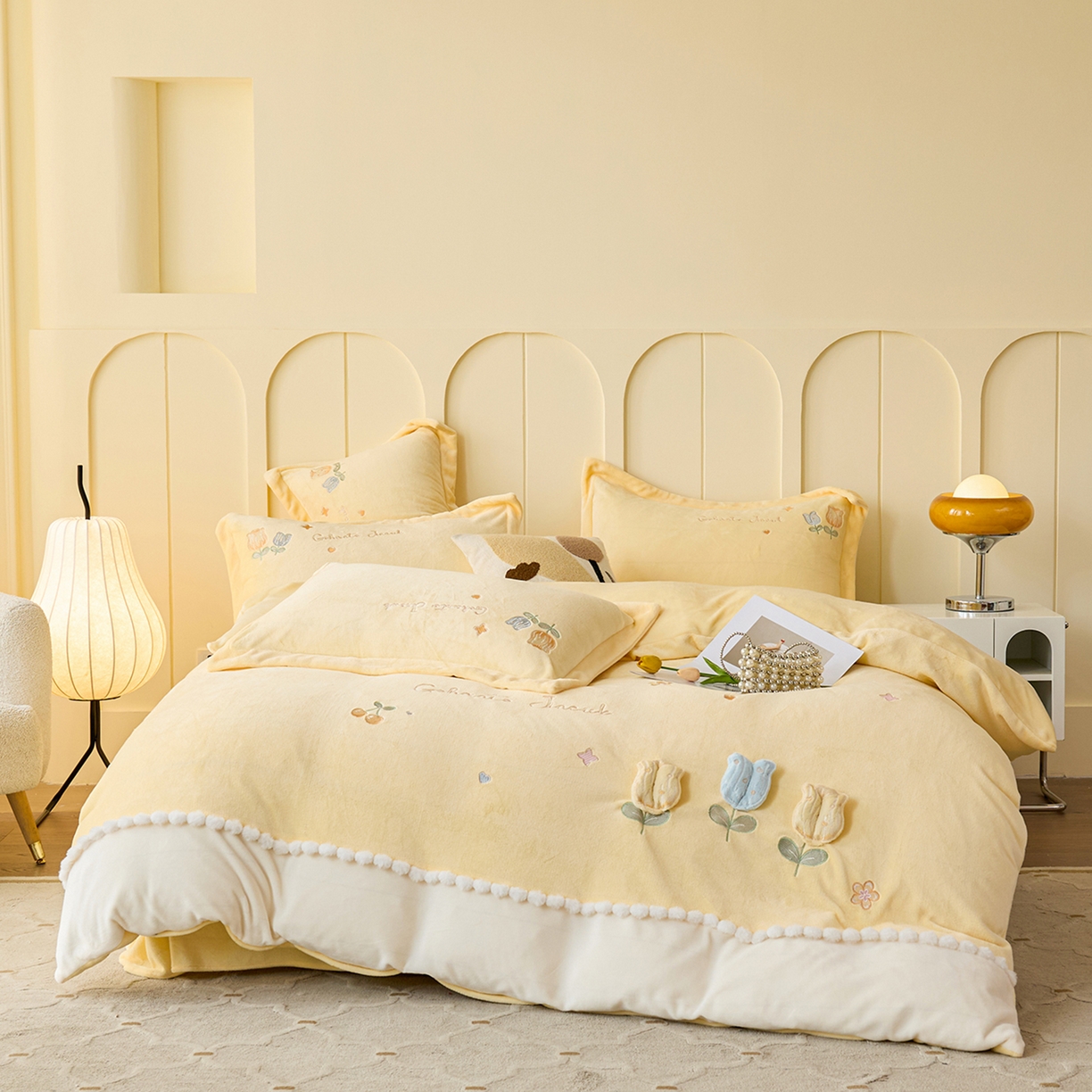 卡初家居（原微来） 2025新款秋冬亲肤牛奶绒绣花四件套-多喜系列 多喜-米黄