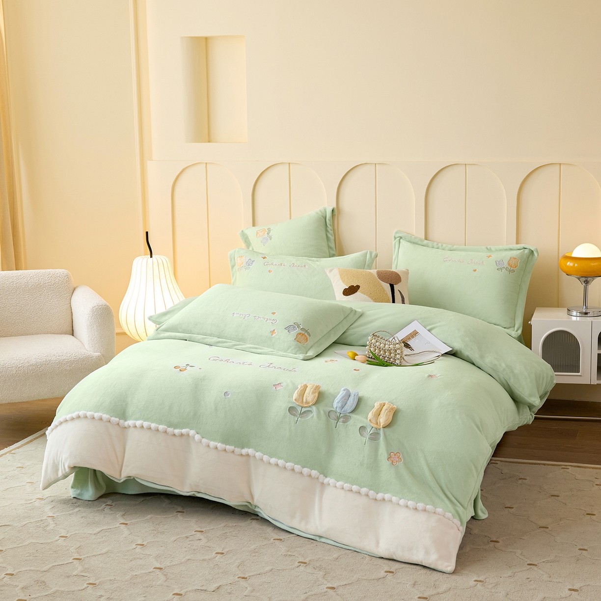 91家纺网 家纺一手货源 找家纺 卡初家居（原微来） 2025新款秋冬亲肤牛奶绒绣花四件套-多喜系列 多喜-果绿