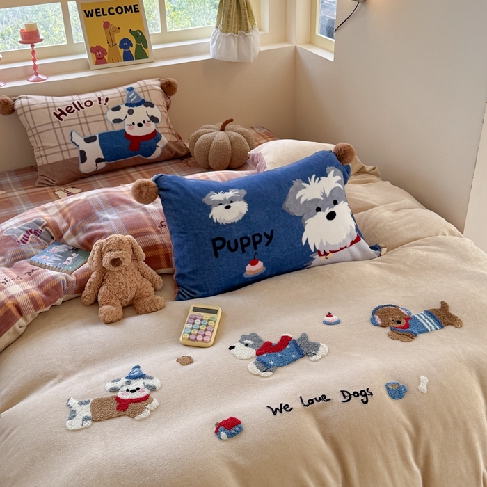 91家纺网 家纺一手货源 找家纺 （总）眠屿家纺 2025新款加厚牛奶绒毛巾绣四件套-绒球款