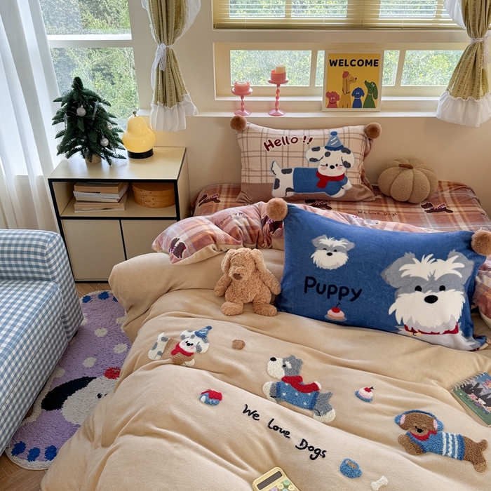 91家纺网 家纺一手货源 找家纺 （总）眠屿家纺 2025新款加厚牛奶绒毛巾绣四件套-绒球款