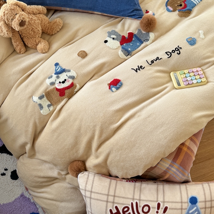 91家纺网 家纺一手货源 找家纺 （总）眠屿家纺 2025新款加厚牛奶绒毛巾绣四件套-绒球款