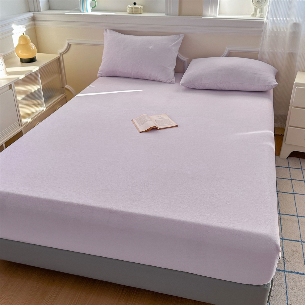 91家纺网 家纺一手货源 找家纺 佳笠家居 2025新款正宗250g全消光牛奶绒床笠 浅紫