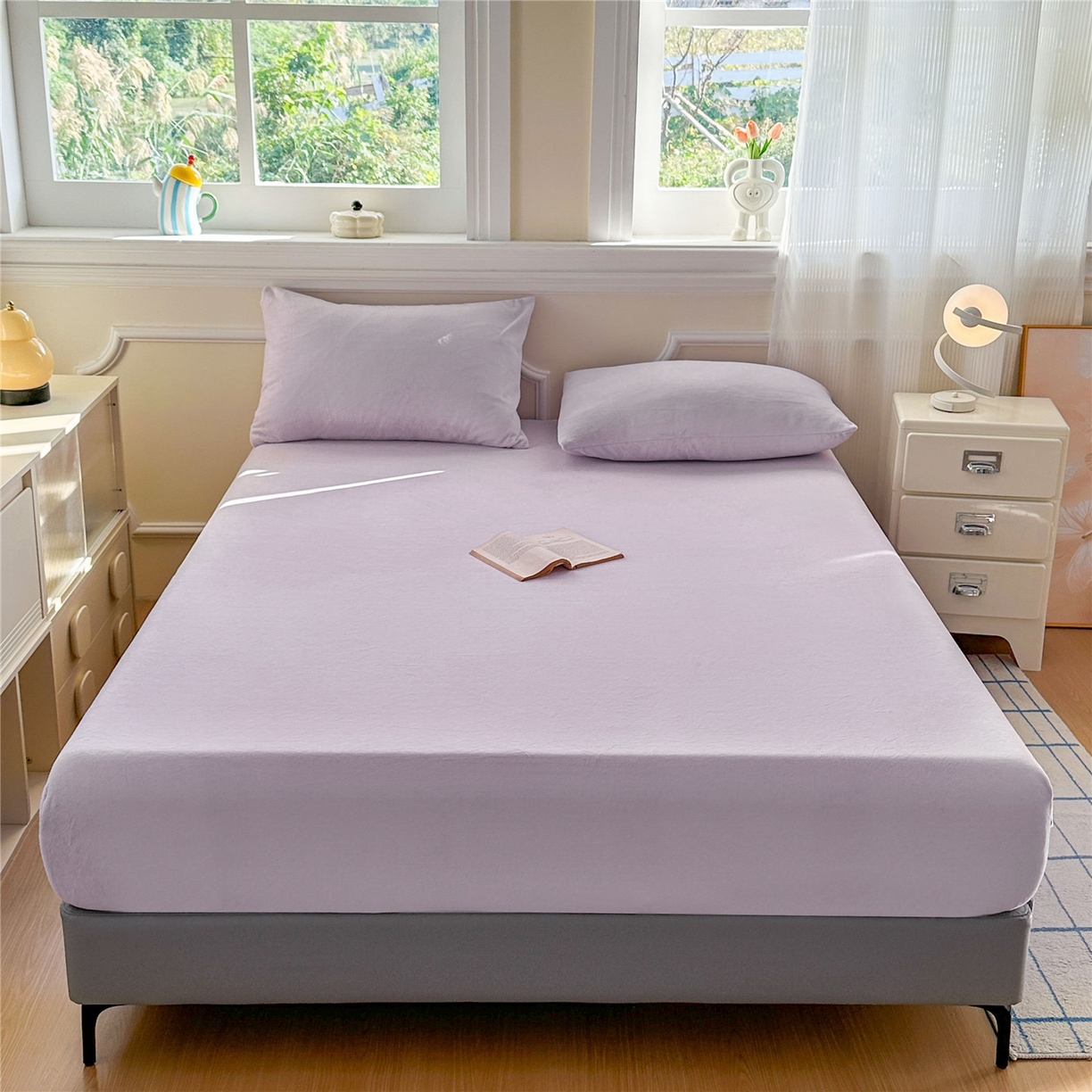 91家纺网 家纺一手货源 找家纺 佳笠家居 2025新款正宗250g全消光牛奶绒床笠 浅紫