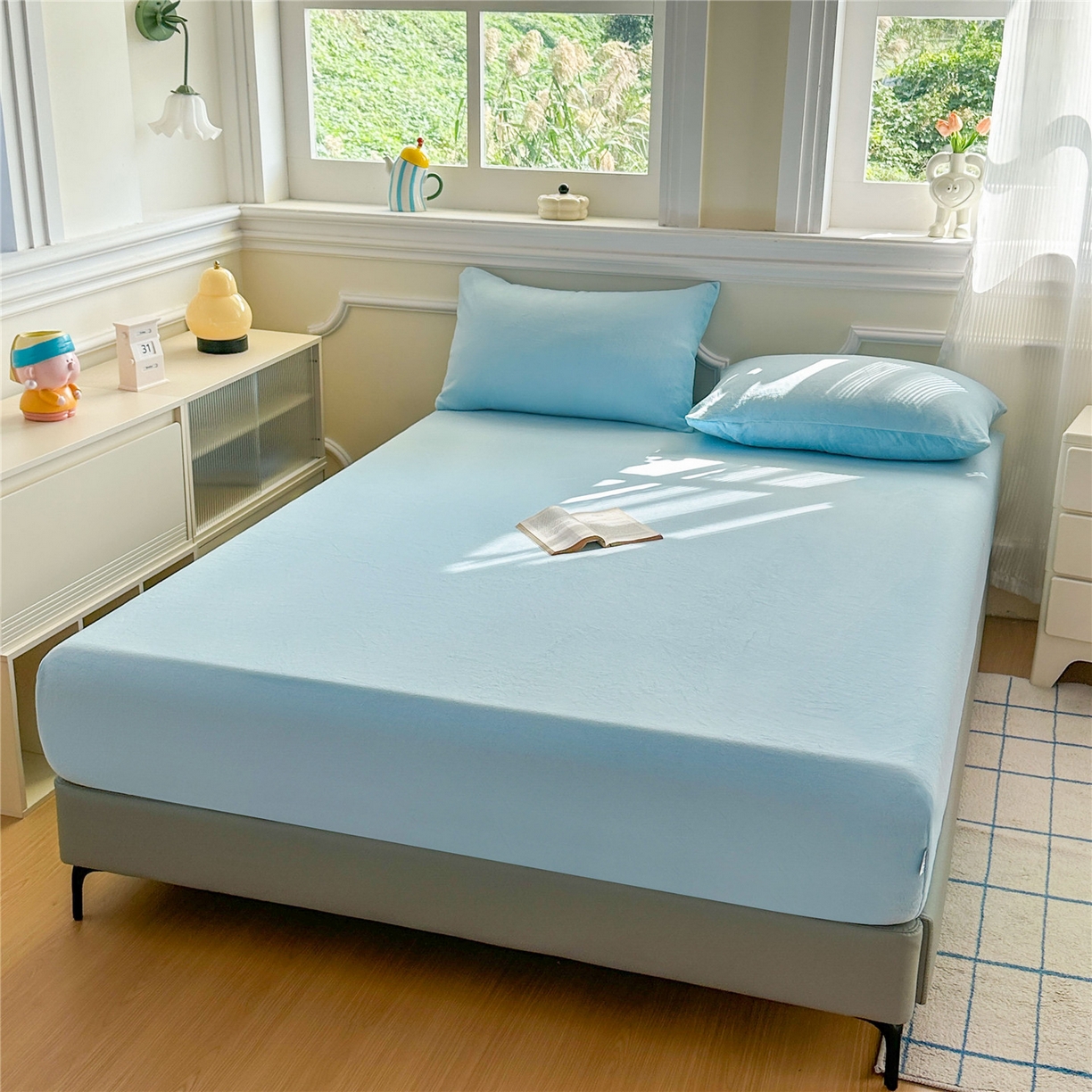 91家纺网 家纺一手货源 找家纺 佳笠家居 2025新款正宗250g全消光牛奶绒床笠 婴儿蓝