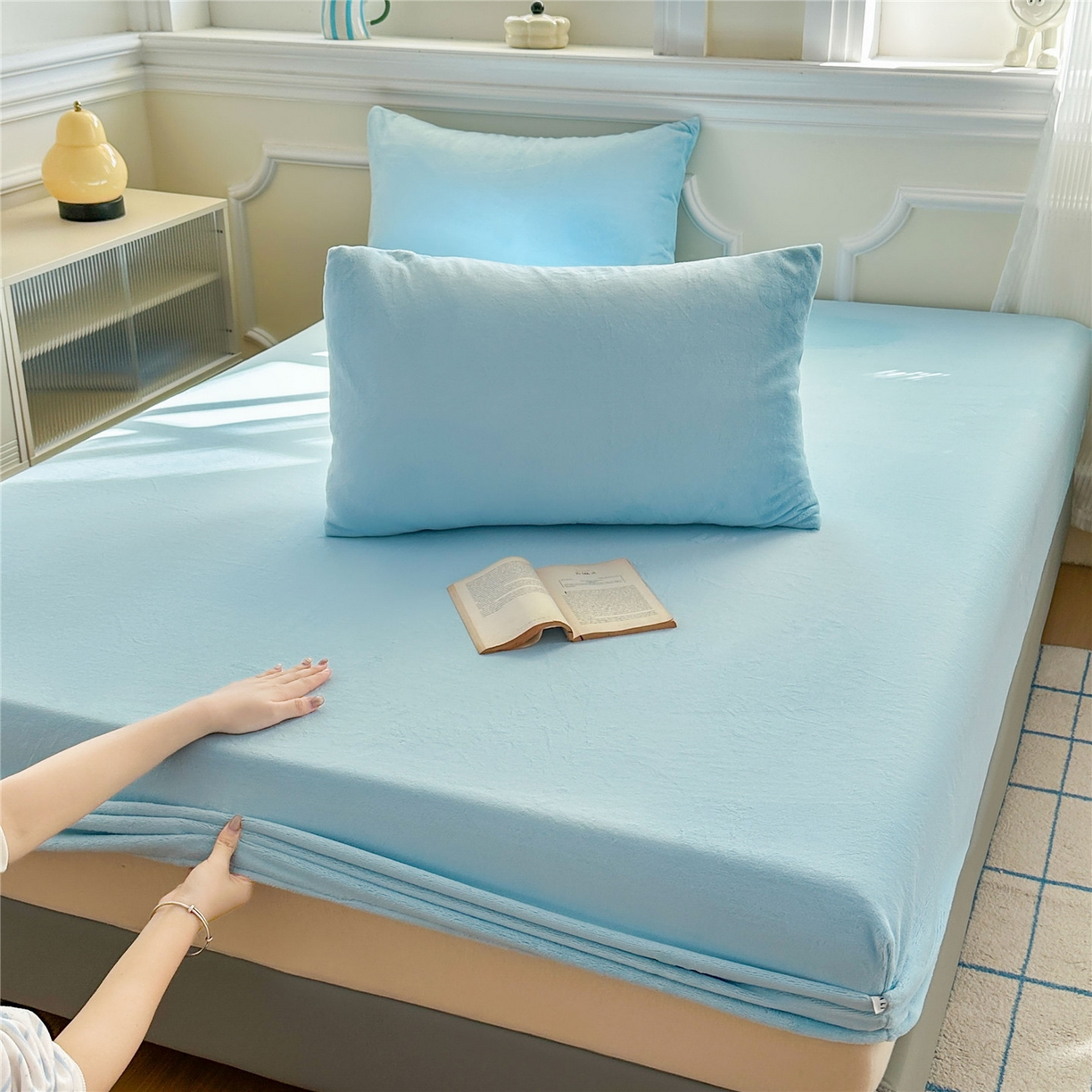 佳笠家居 2025新款正宗250g全消光牛奶绒床笠 婴儿蓝