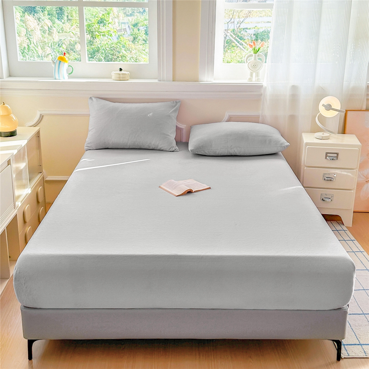 91家纺网 家纺一手货源 找家纺 佳笠家居 2025新款正宗250g全消光牛奶绒床笠 浅灰