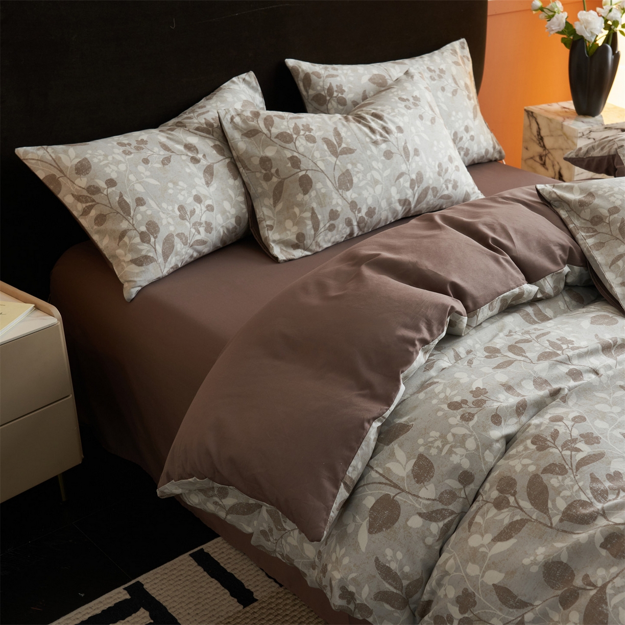 91家纺网 家纺一手货源 找家纺 恒爱家纺2025新款A类全棉印花四件套 叶落轻尘