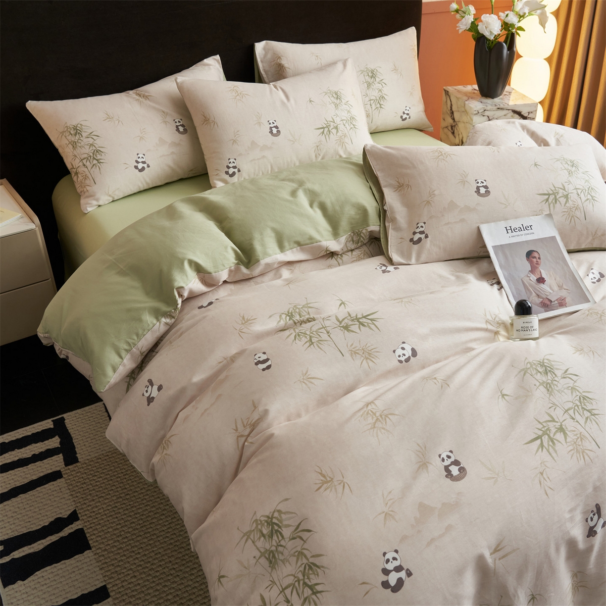 91家纺网 家纺一手货源 找家纺 恒爱家纺2025新款A类全棉印花四件套 竹居熊猫