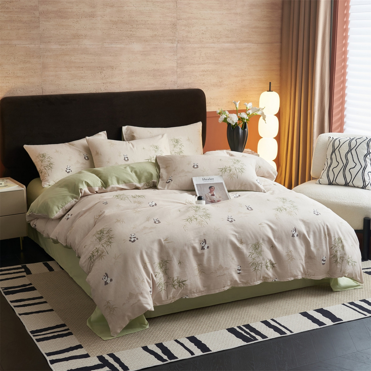 91家纺网 家纺一手货源 找家纺 恒爱家纺2025新款A类全棉印花四件套 竹居熊猫