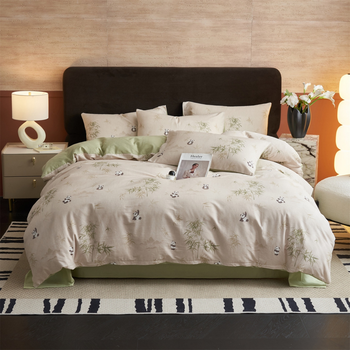 恒爱家纺2025新款A类全棉印花四件套 竹居熊猫