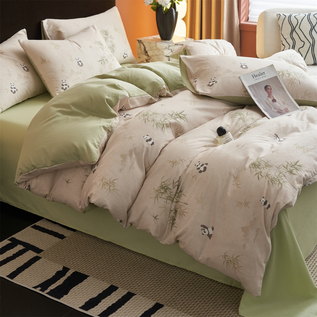 91家纺网 家纺一手货源 找家纺 恒爱家纺2025新款A类全棉印花四件套 竹居熊猫