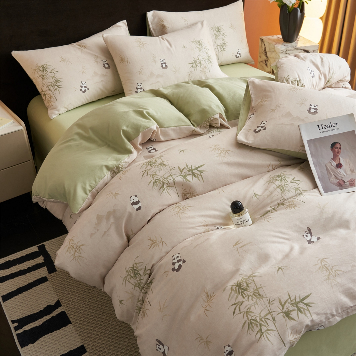 91家纺网 家纺一手货源 找家纺 恒爱家纺2025新款A类全棉印花四件套 竹居熊猫