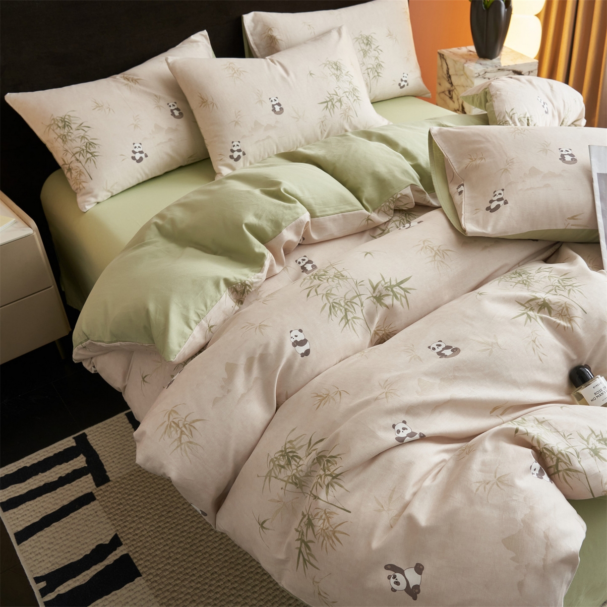 91家纺网 家纺一手货源 找家纺 恒爱家纺2025新款A类全棉印花四件套 竹居熊猫