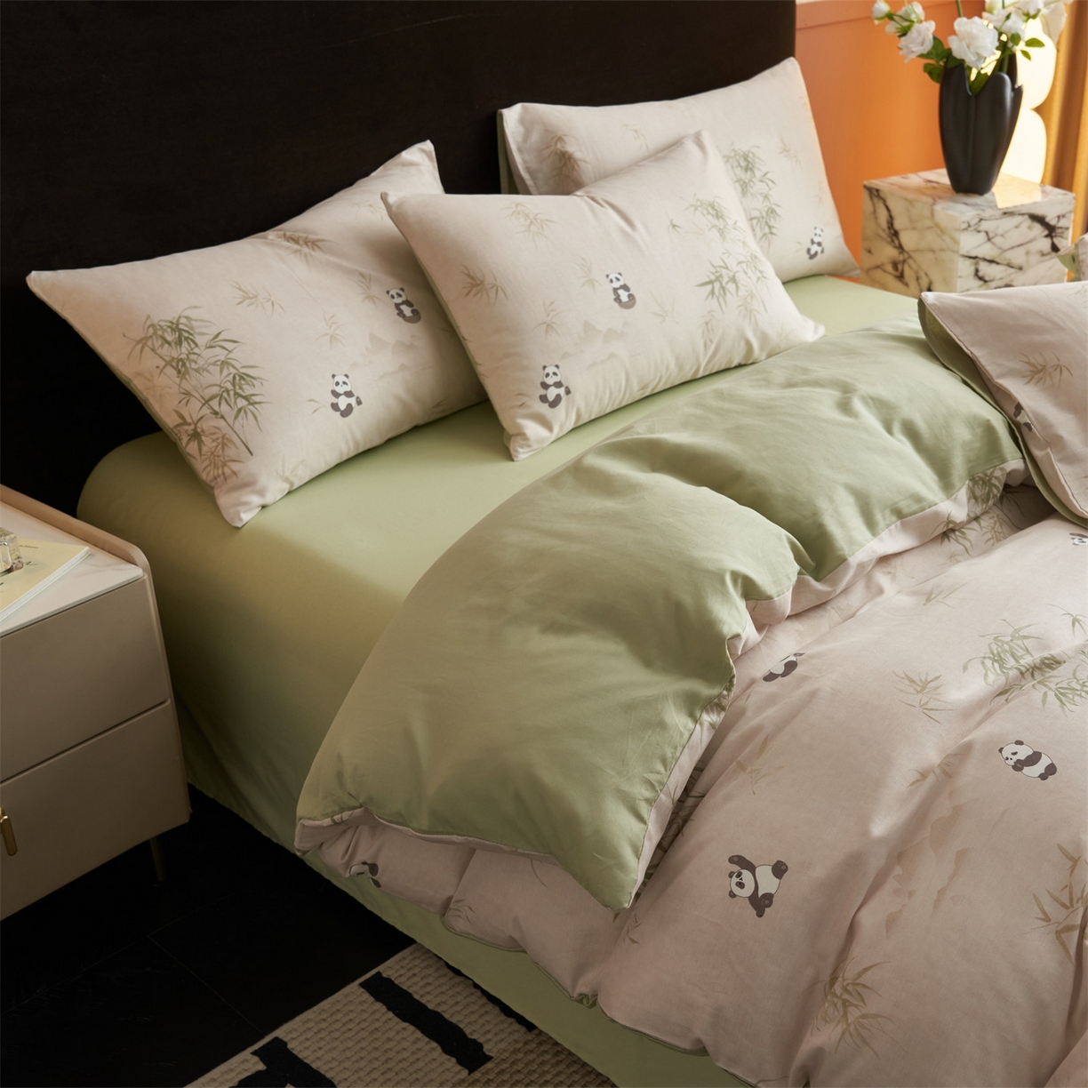91家纺网 家纺一手货源 找家纺 恒爱家纺2025新款A类全棉印花四件套 竹居熊猫