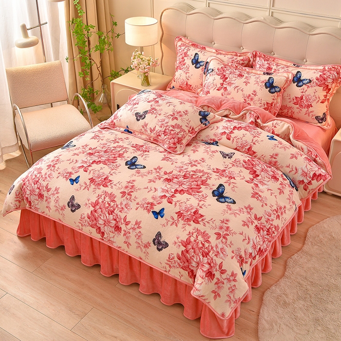 赛丽雅 2025新款牛奶绒床裙四件套8-9斤法莱绒直播爆款日产2万套 蝶舞-粉