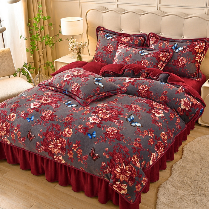 91家纺网 家纺一手货源 找家纺 赛丽雅 2025新款牛奶绒床裙四件套8-9斤法莱绒直播爆款日产2万套 蝶舞-红