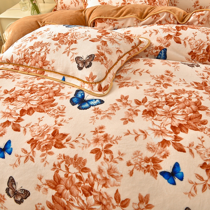 91家纺网 家纺一手货源 找家纺 赛丽雅 2025新款牛奶绒床裙四件套8-9斤法莱绒直播爆款日产2万套 蝶舞-咖