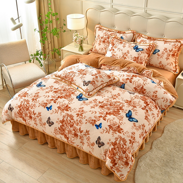 赛丽雅 2025新款牛奶绒床裙四件套8-9斤法莱绒直播爆款日产2万套 蝶舞-咖