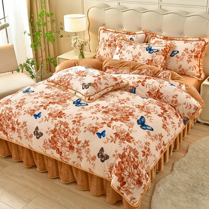 91家纺网 家纺一手货源 找家纺 赛丽雅 2025新款牛奶绒床裙四件套8-9斤法莱绒直播爆款日产2万套 蝶舞-咖