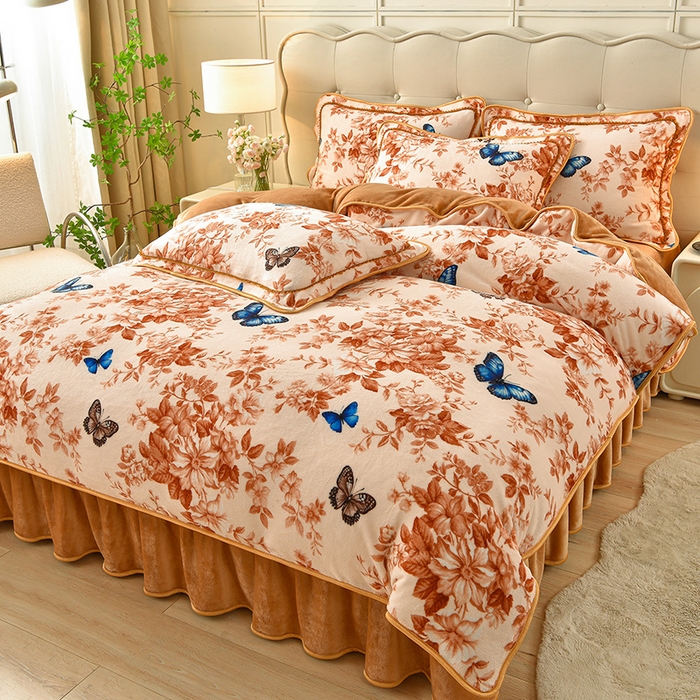 91家纺网 家纺一手货源 找家纺 赛丽雅 2025新款牛奶绒床裙四件套8-9斤法莱绒直播爆款日产2万套 蝶舞-咖