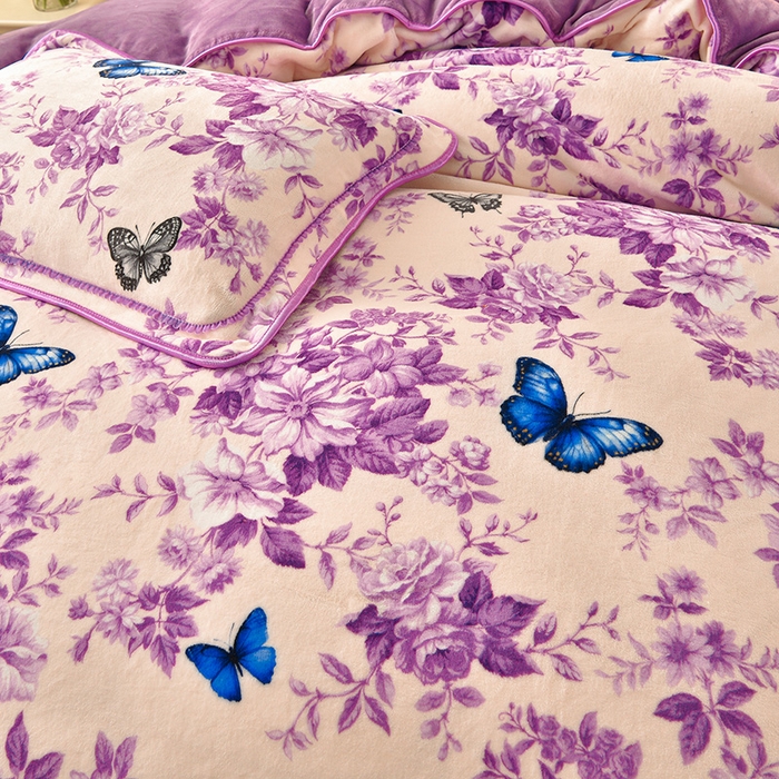 91家纺网 家纺一手货源 找家纺 赛丽雅 2025新款牛奶绒床裙四件套8-9斤法莱绒直播爆款日产2万套 蝶舞-紫