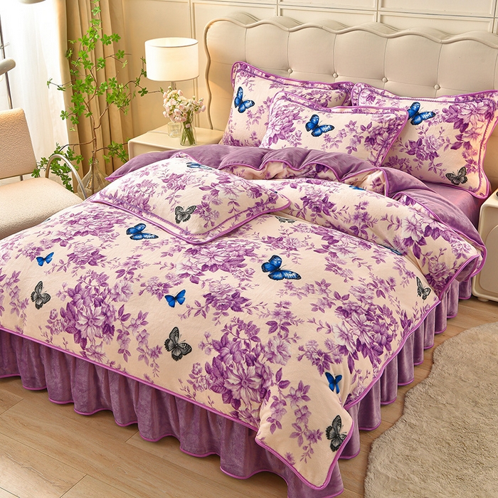 91家纺网 家纺一手货源 找家纺 赛丽雅 2025新款牛奶绒床裙四件套8-9斤法莱绒直播爆款日产2万套 蝶舞-紫