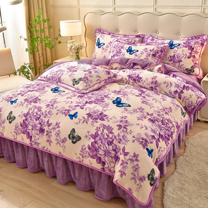 91家纺网 家纺一手货源 找家纺 赛丽雅 2025新款牛奶绒床裙四件套8-9斤法莱绒直播爆款日产2万套 蝶舞-紫