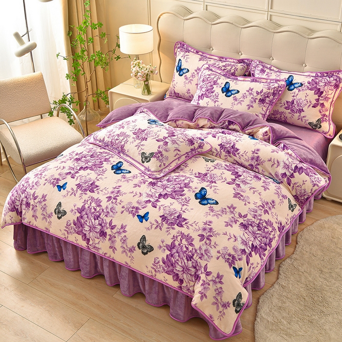 赛丽雅 2025新款牛奶绒床裙四件套8-9斤法莱绒直播爆款日产2万套 蝶舞-紫