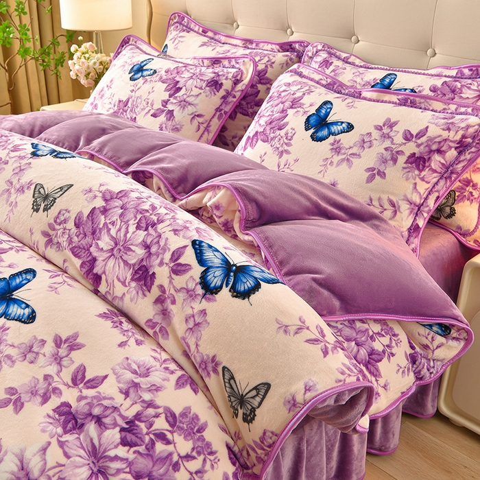 91家纺网 家纺一手货源 找家纺 赛丽雅 2025新款牛奶绒床裙四件套8-9斤法莱绒直播爆款日产2万套 蝶舞-紫