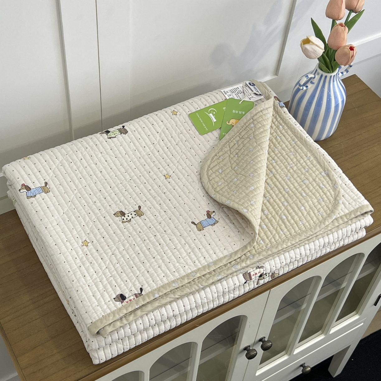 91家纺网 家纺一手货源 找家纺 沐纯家居 2025新款跑量款双面纯棉 棉花填充水洗床盖 星星柯基