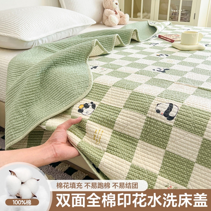 沐纯家居 2025新款跑量款双面纯棉 棉花填充水洗床盖 绿格熊猫