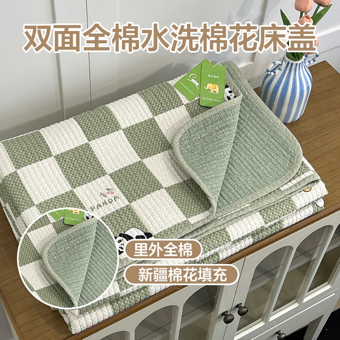 91家纺网 家纺一手货源 找家纺 沐纯家居 2025新款跑量款双面纯棉 棉花填充水洗床盖 绿格熊猫