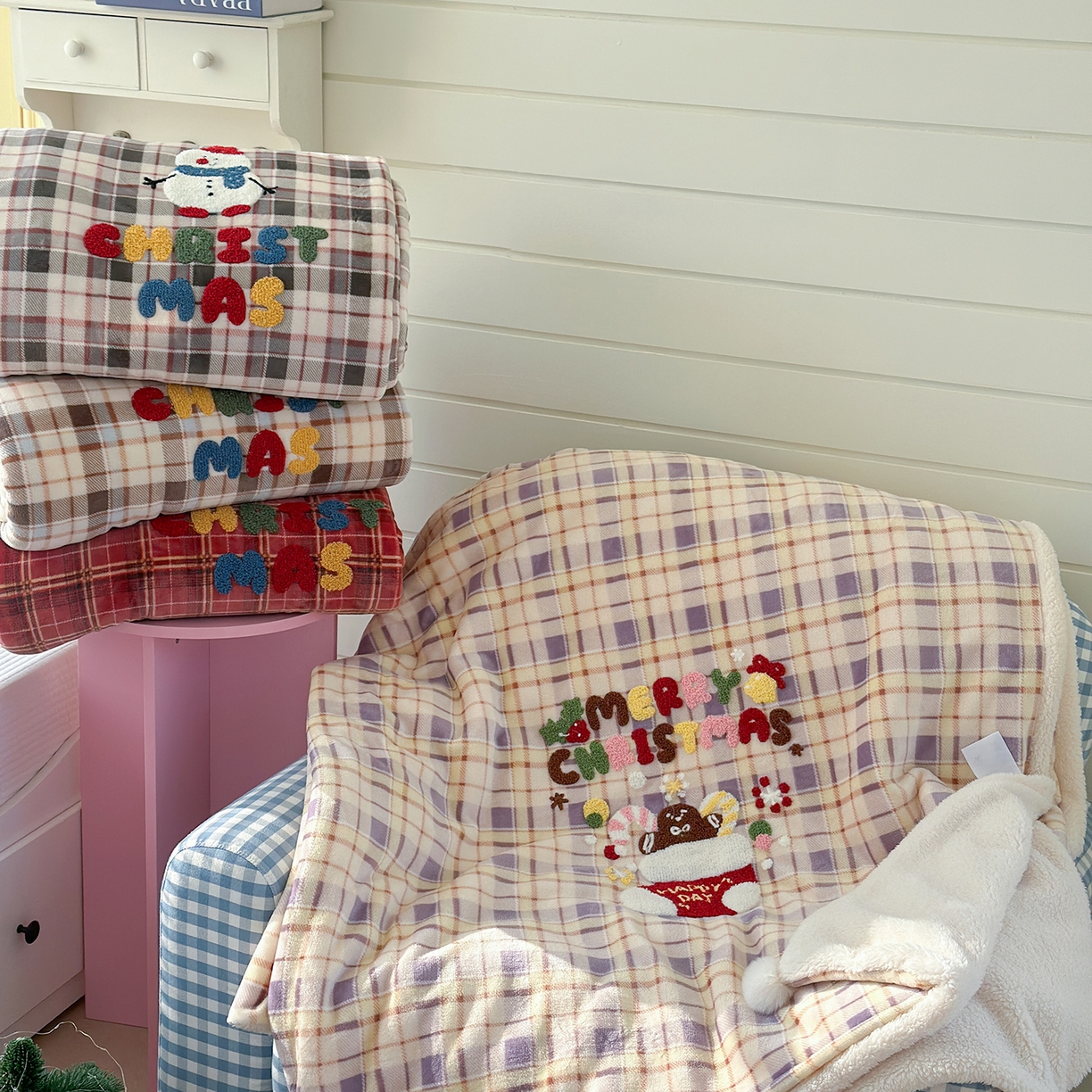 91家纺网 家纺一手货源 找家纺 有货 2025新款圣诞系列暖芙舒绵绒多功能被套毯 组合