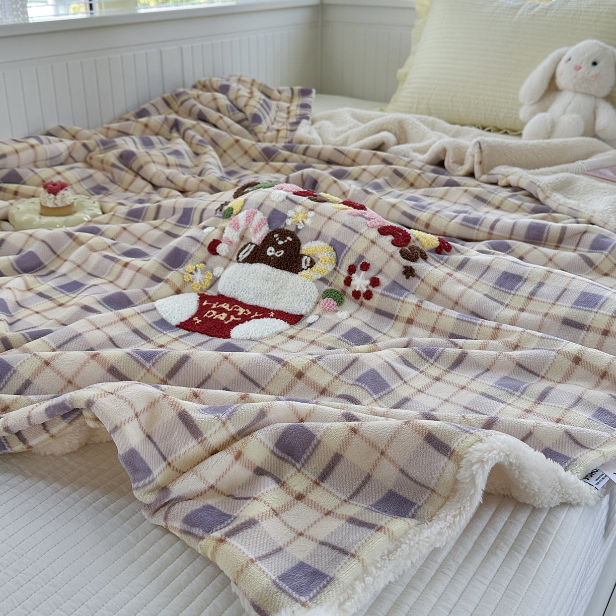 91家纺网 家纺一手货源 找家纺 有货 2025新款圣诞系列暖芙舒绵绒多功能被套毯 圣诞袜-被套毯