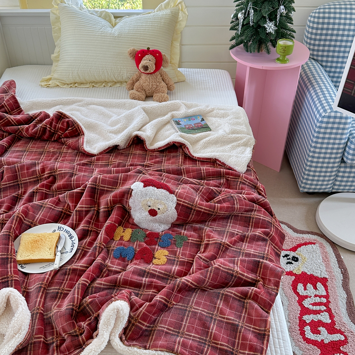 91家纺网 家纺一手货源 找家纺 有货 2025新款圣诞系列暖芙舒绵绒多功能被套毯 圣诞老人-被套毯