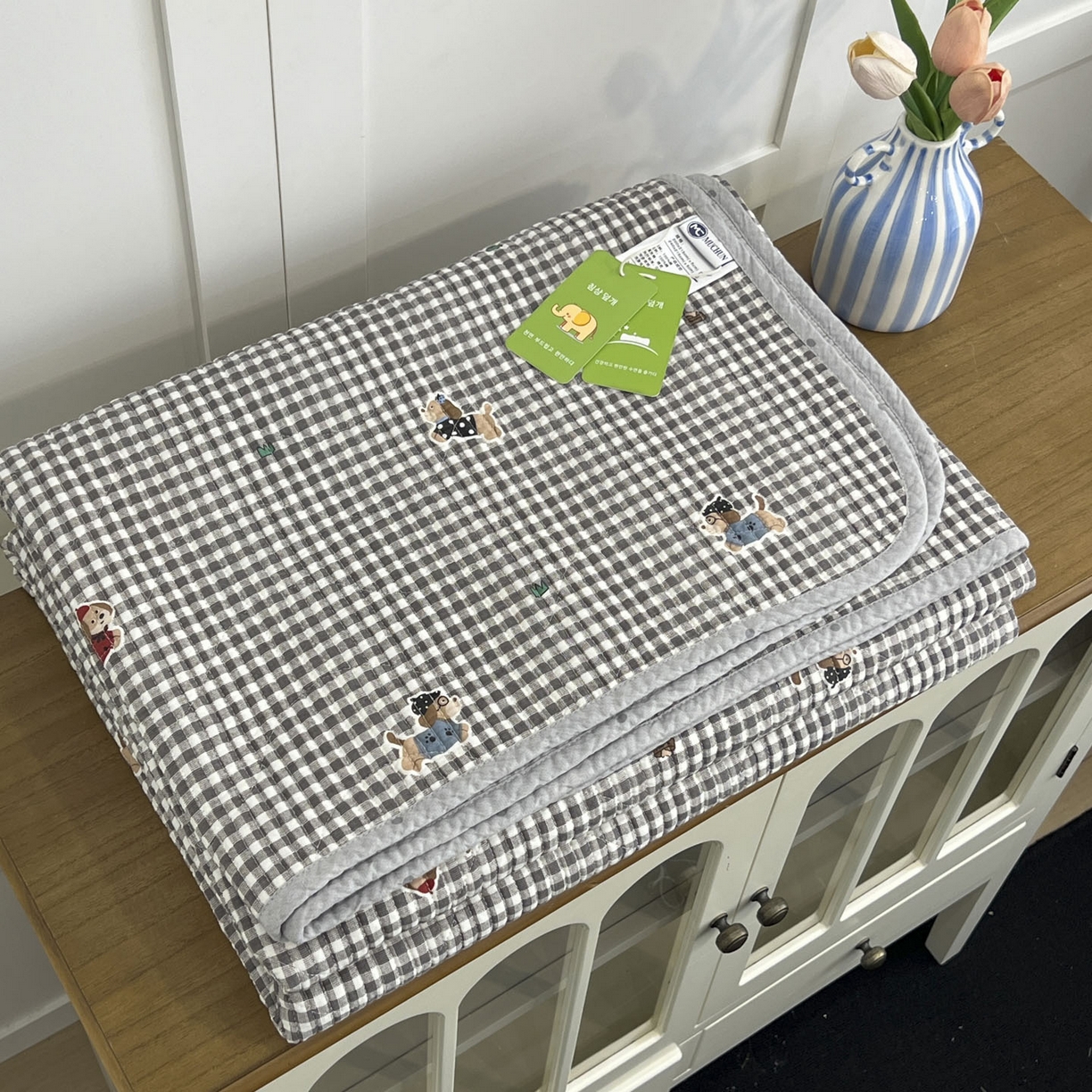 91家纺网 家纺一手货源 找家纺 沐纯家居 2025新款跑量款双面纯棉 棉花填充水洗床盖 排队柯基