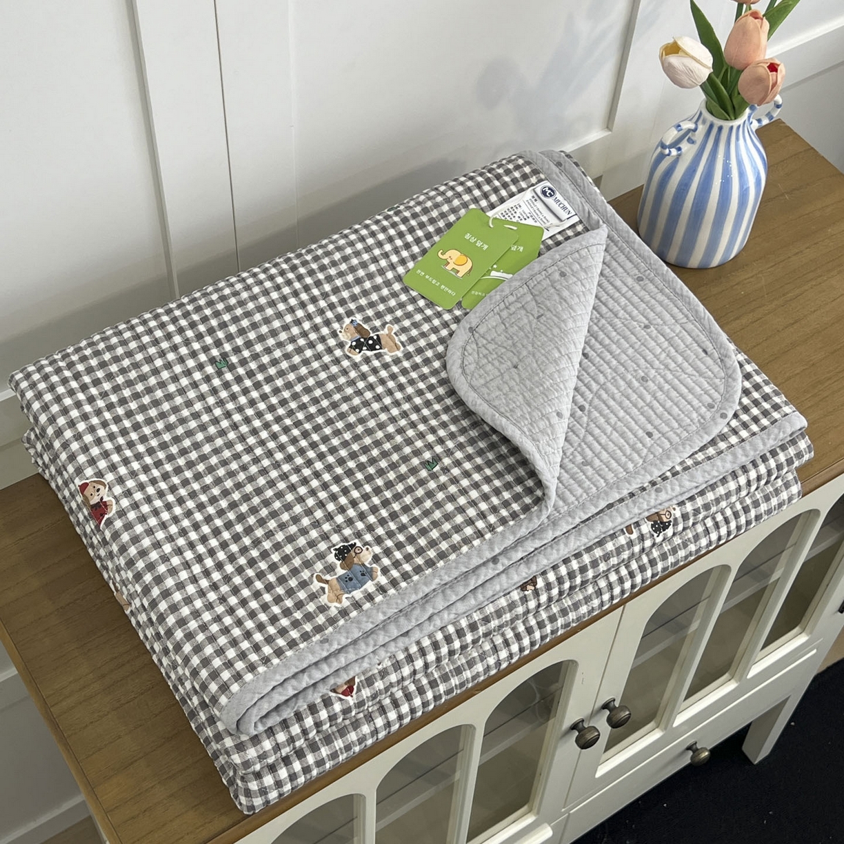 91家纺网 家纺一手货源 找家纺 沐纯家居 2025新款跑量款双面纯棉 棉花填充水洗床盖 排队柯基