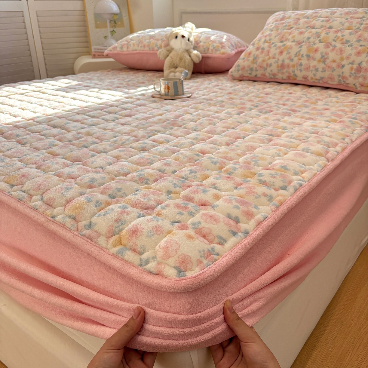 居眠 2025新款印花牛奶绒夹棉床笠 牛奶绒夹棉款-蔷薇玫瑰