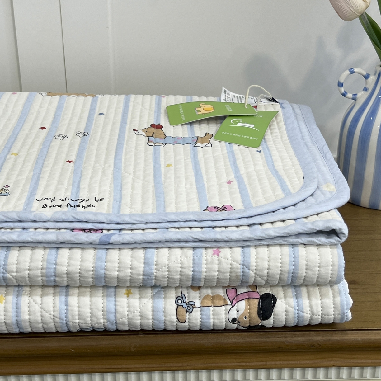 91家纺网 家纺一手货源 找家纺 沐纯家居 2025新款跑量款双面纯棉 棉花填充水洗床盖 条纹萌犬