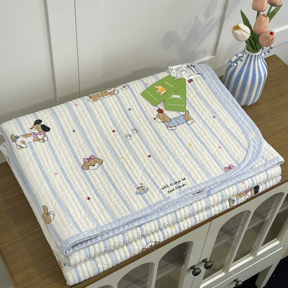 91家纺网 家纺一手货源 找家纺 沐纯家居 2025新款跑量款双面纯棉 棉花填充水洗床盖 条纹萌犬