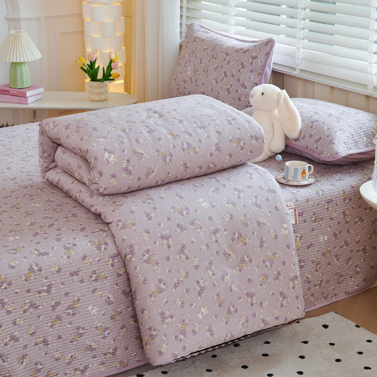 91家纺网 家纺一手货源 找家纺 缔锦家纺 2025新款软糯全棉豆豆被被子被芯 紫蔓