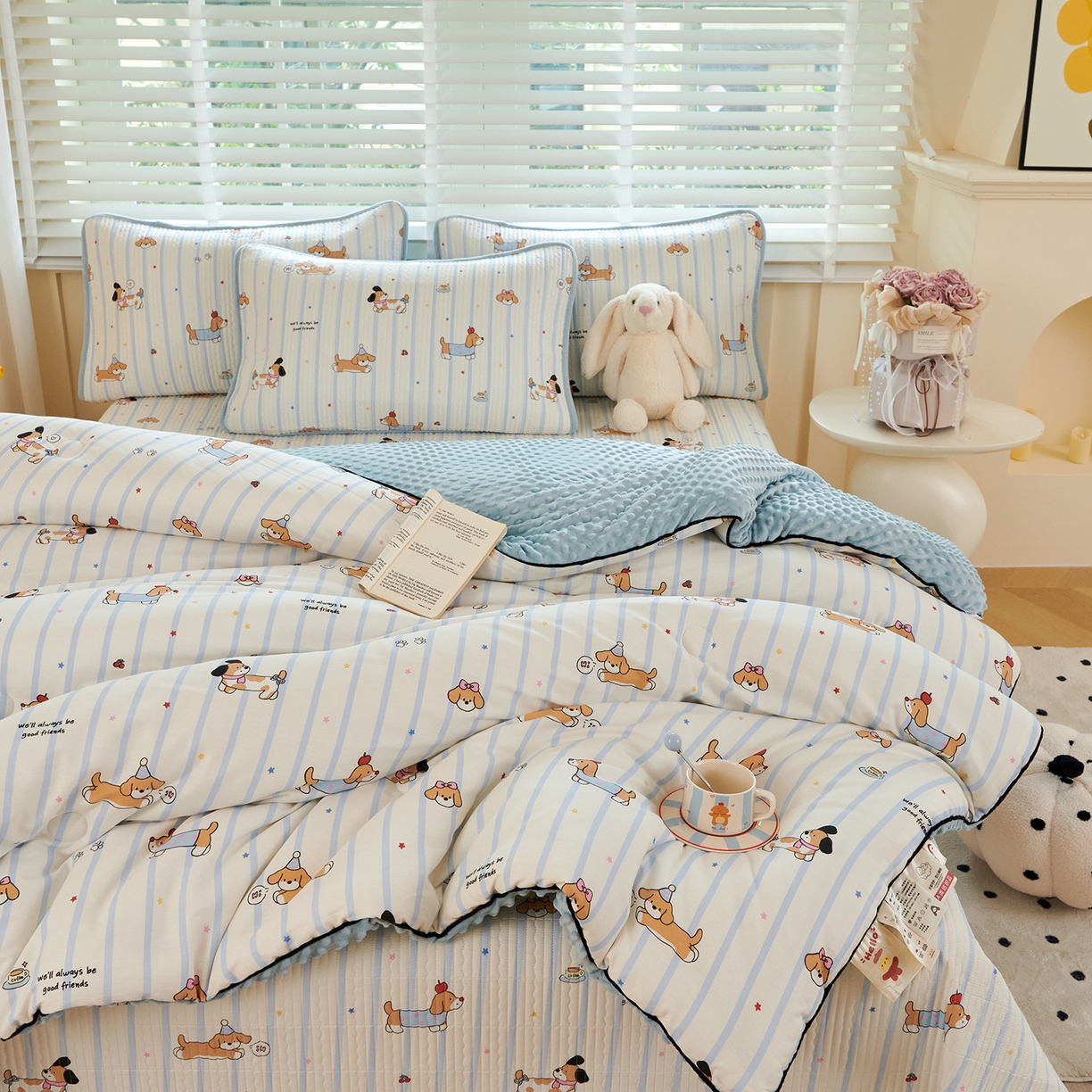 91家纺网 家纺一手货源 找家纺 缔锦家纺 2025新款软糯全棉豆豆被被子被芯 汪汪派对