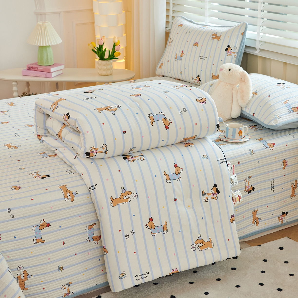 91家纺网 家纺一手货源 找家纺 缔锦家纺 2025新款软糯全棉豆豆被被子被芯 汪汪派对