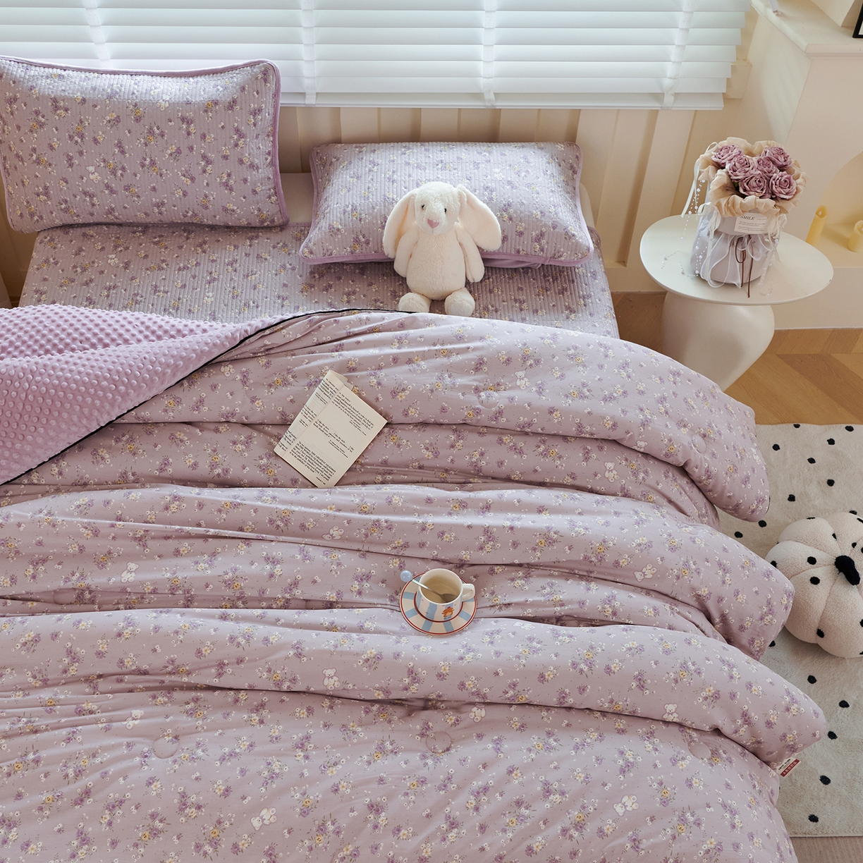 91家纺网 家纺一手货源 找家纺 缔锦家纺 2025新款软糯全棉豆豆被被子被芯 紫蔓