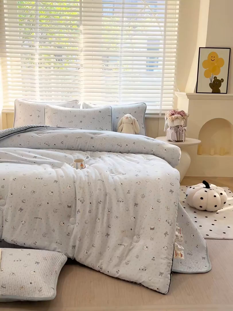 91家纺网 家纺一手货源 找家纺 缔锦家纺 2025新款软糯全棉豆豆被被子被芯 薄荷小猫