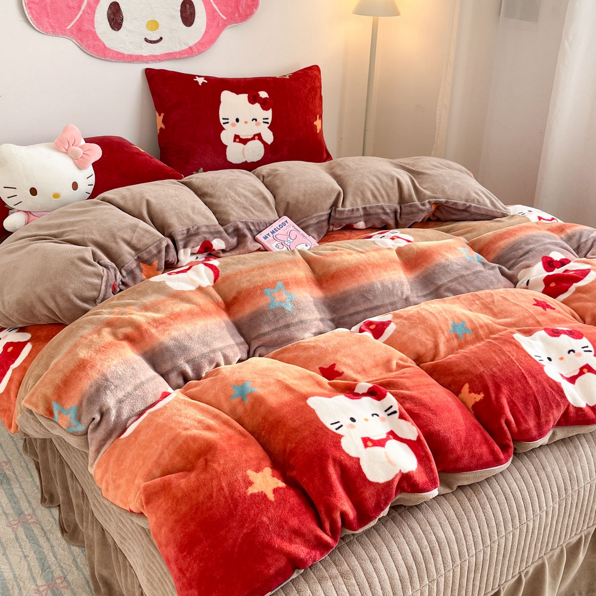 摩妮卡 2025新款牛奶绒枕套混搭卡通复古床盖四件套 傍晚凯蒂猫