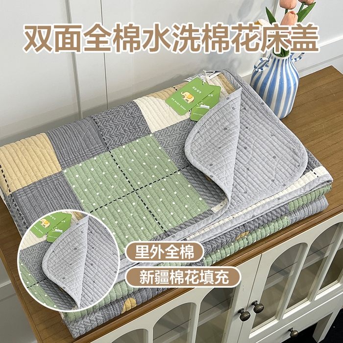 91家纺网 家纺一手货源 找家纺 沐纯家居 2025新款跑量款双面纯棉 棉花填充水洗床盖 浪漫绿格