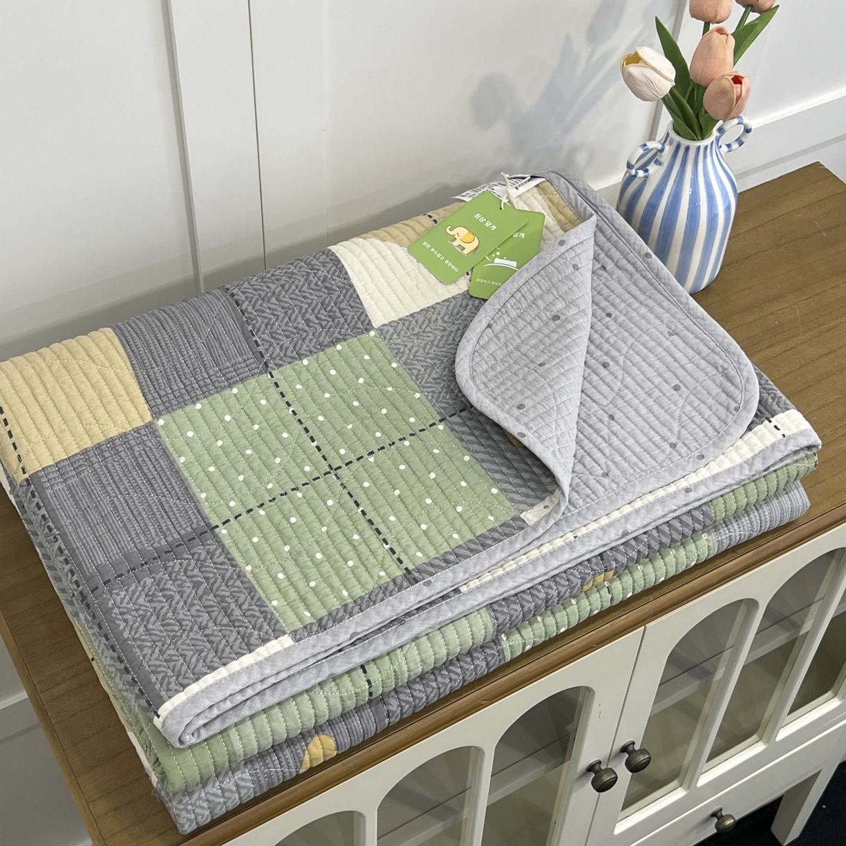 91家纺网 家纺一手货源 找家纺 沐纯家居 2025新款跑量款双面纯棉 棉花填充水洗床盖 浪漫绿格